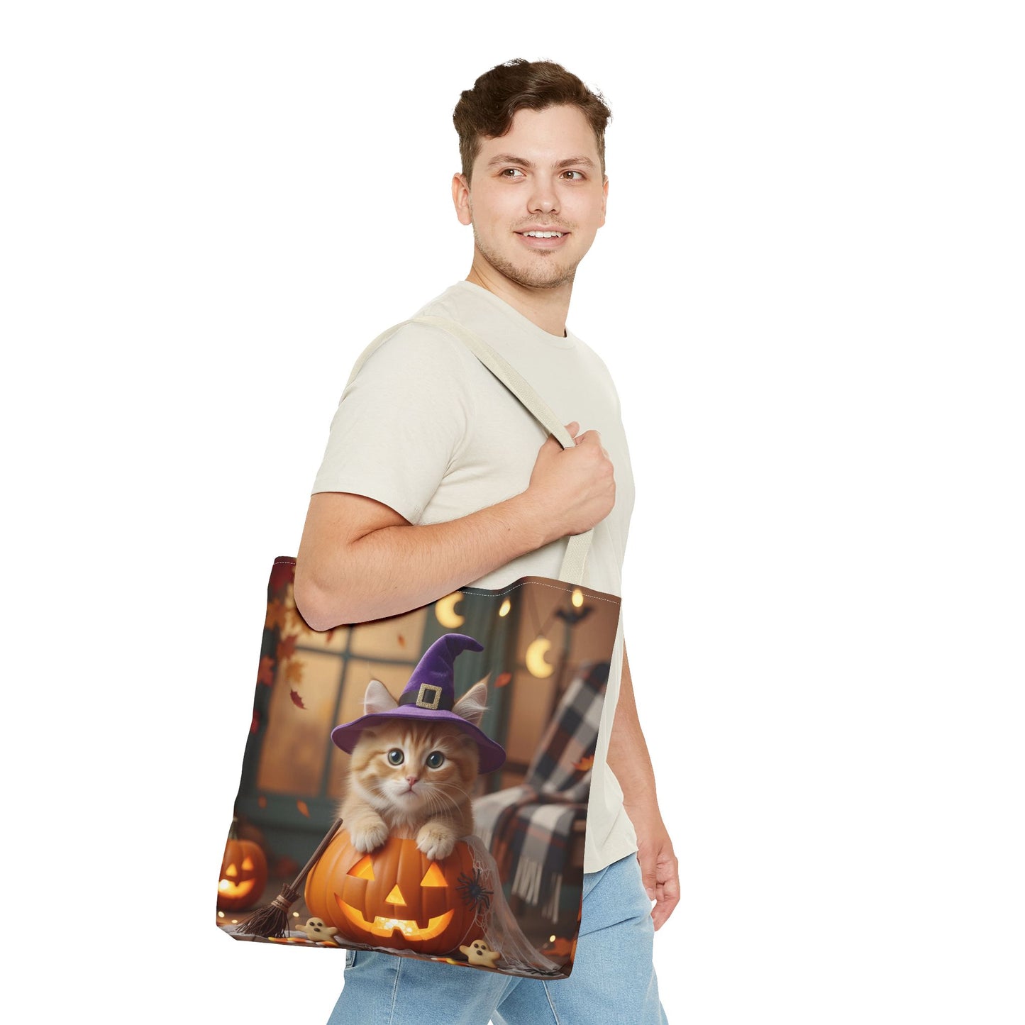 Adorable Halloween Cat Tote Bag, Cute Pet Lover Gift, Trick or Treat Bag, Fall Accessory, Spooky Cat Design