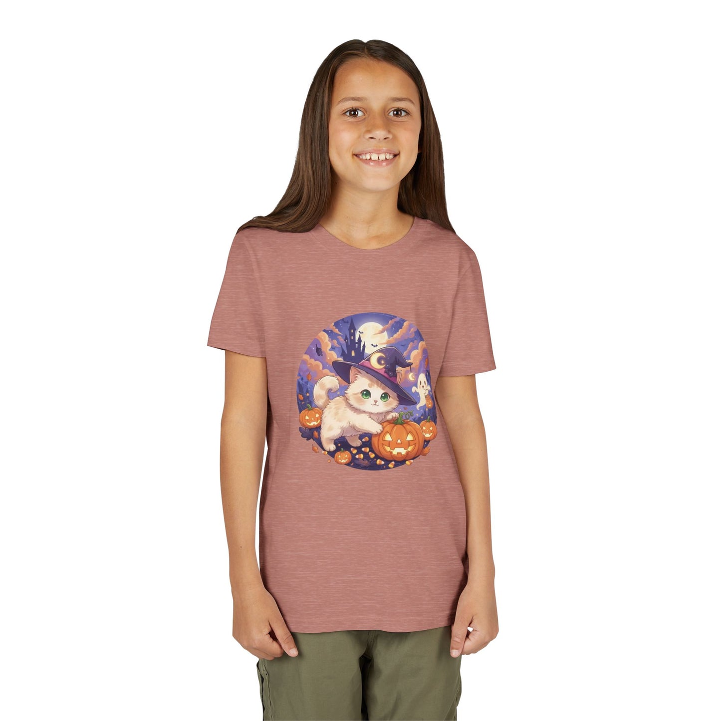 Halloween cute kitten anime style 5 Unisex Youth Tee | T-Shirt, Cute Pumpkin Shirt, Kids Halloween Outfit, Cat Lover Gift, Fun Fall Apparel