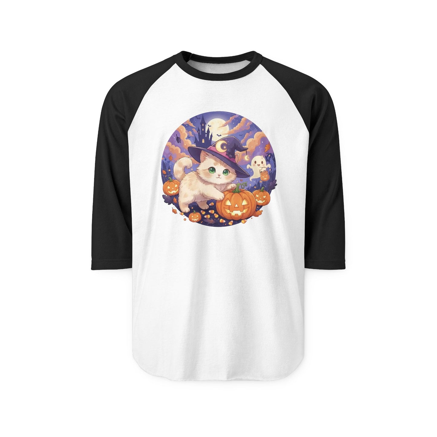 Halloween cute kitten anime style 5 Raglan Shirt, Unisex Halloween Top, Pumpkin Cat Shirt, Cute Cat Tee, Spooky Casual Wear