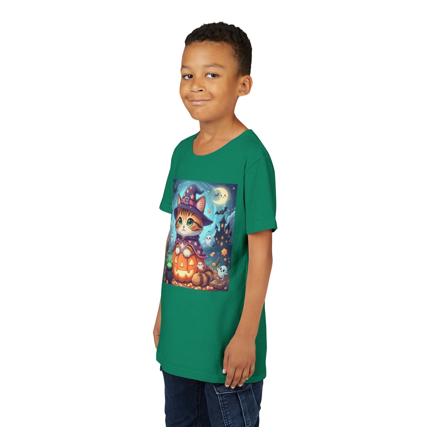 Halloween cute kitten anime style 2 Unisex Youth Tee | T-Shirt, Cute Pumpkin Shirt, Kids Halloween Outfit, Cat Lover Gift, Fun Fall Apparel