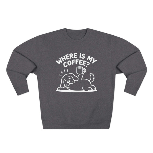 Where is my coffee - Dog Outline Unisex Crewneck Sweatshirt in charcoal gray featuring a cute dog graphics.