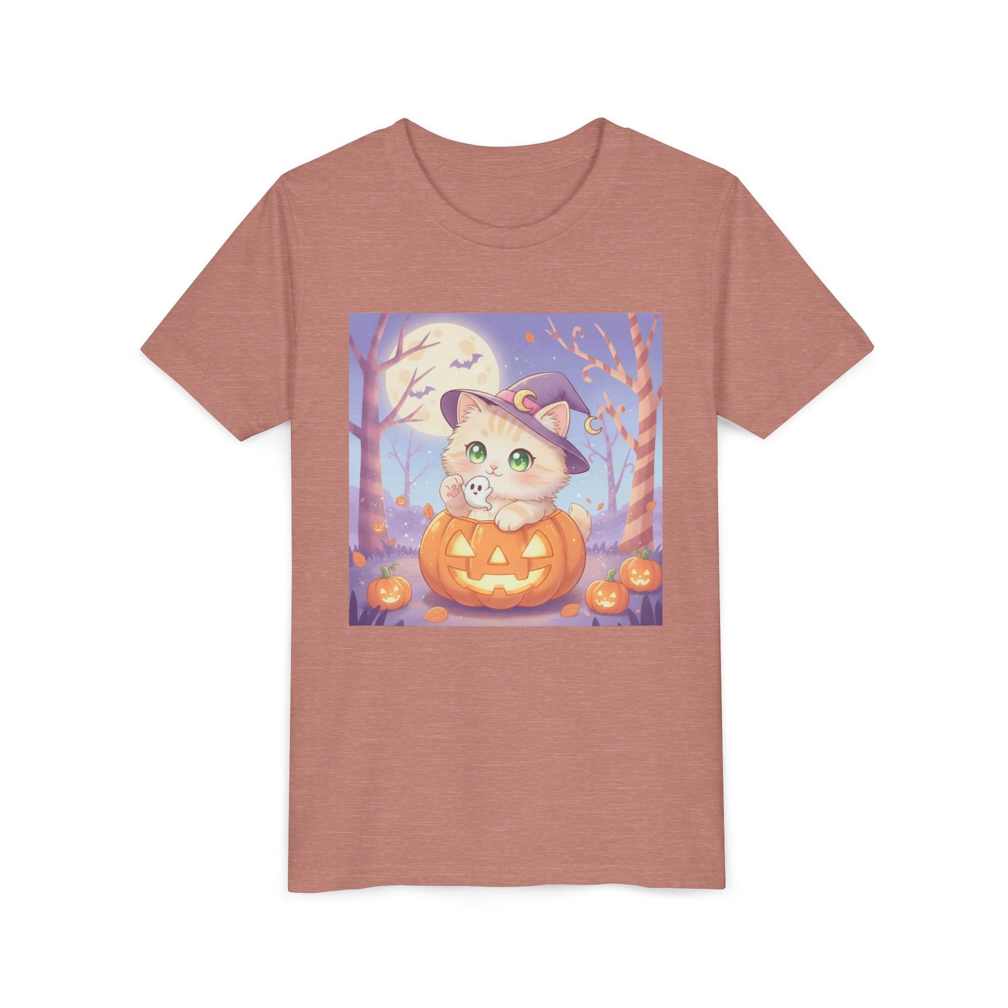 Halloween cute kitten anime style 1 Unisex Youth Tee | T-Shirt, Cute Pumpkin Shirt, Kids Halloween Outfit, Cat Lover Gift, Fun Fall Apparel