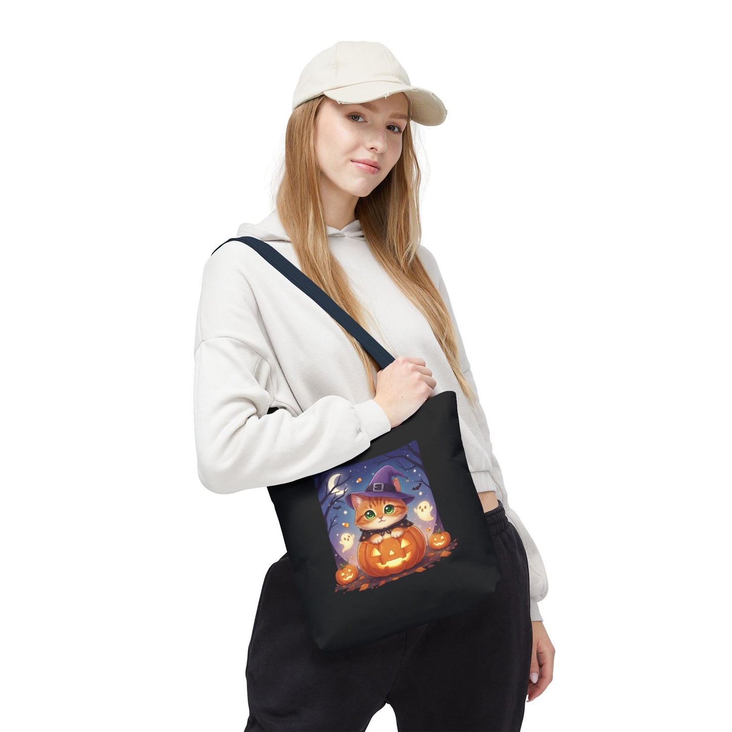 Halloween Cat anime style Tote Bag, Spooky Pet Lovers Gift, Boho Halloween Bag, Witchy Cat Tote, Fall Festivities Accessory