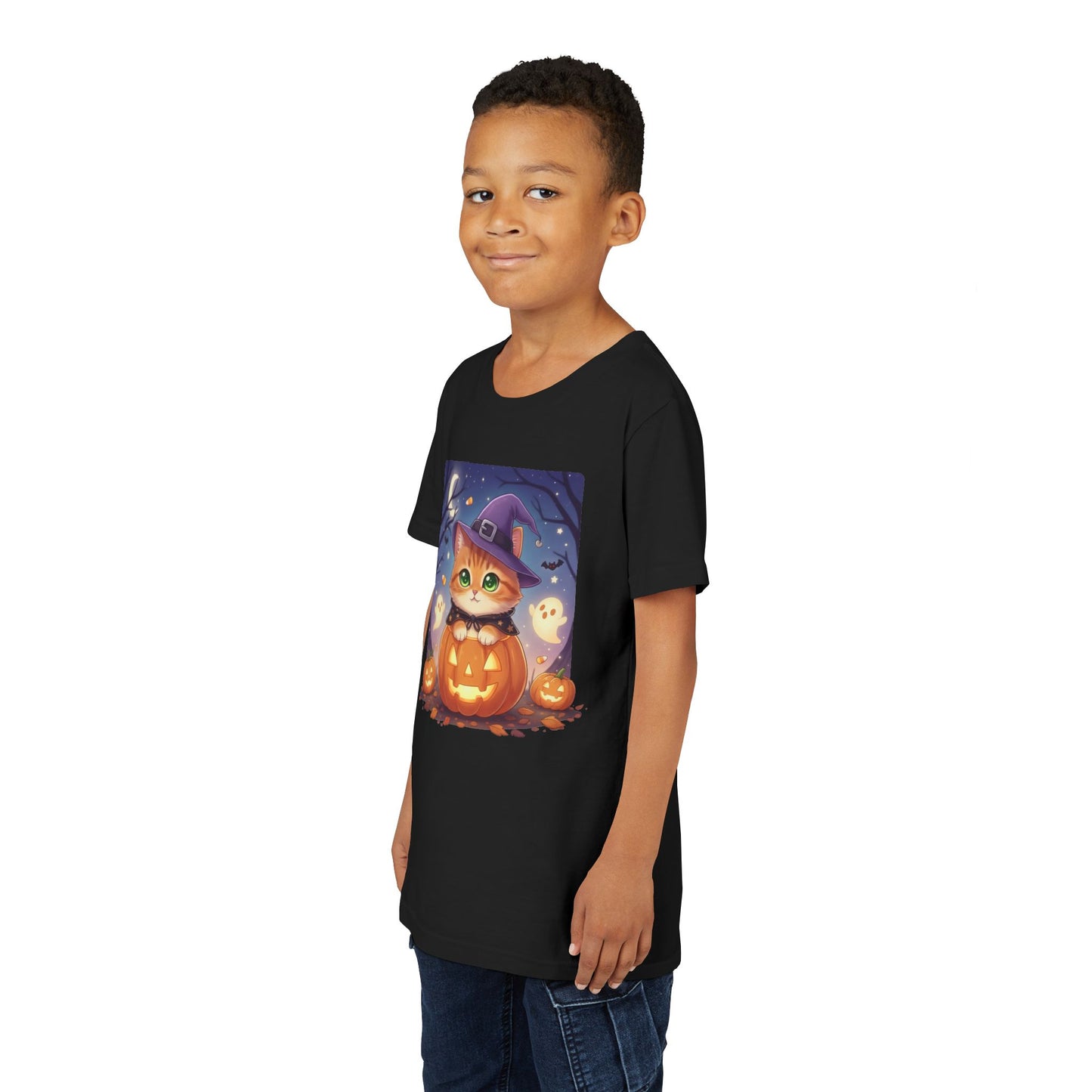 Halloween cute kitten anime style 7 Unisex Youth Tee | T-Shirt, Cute Pumpkin Shirt, Kids Halloween Outfit, Cat Lover Gift, Fun Fall Apparel