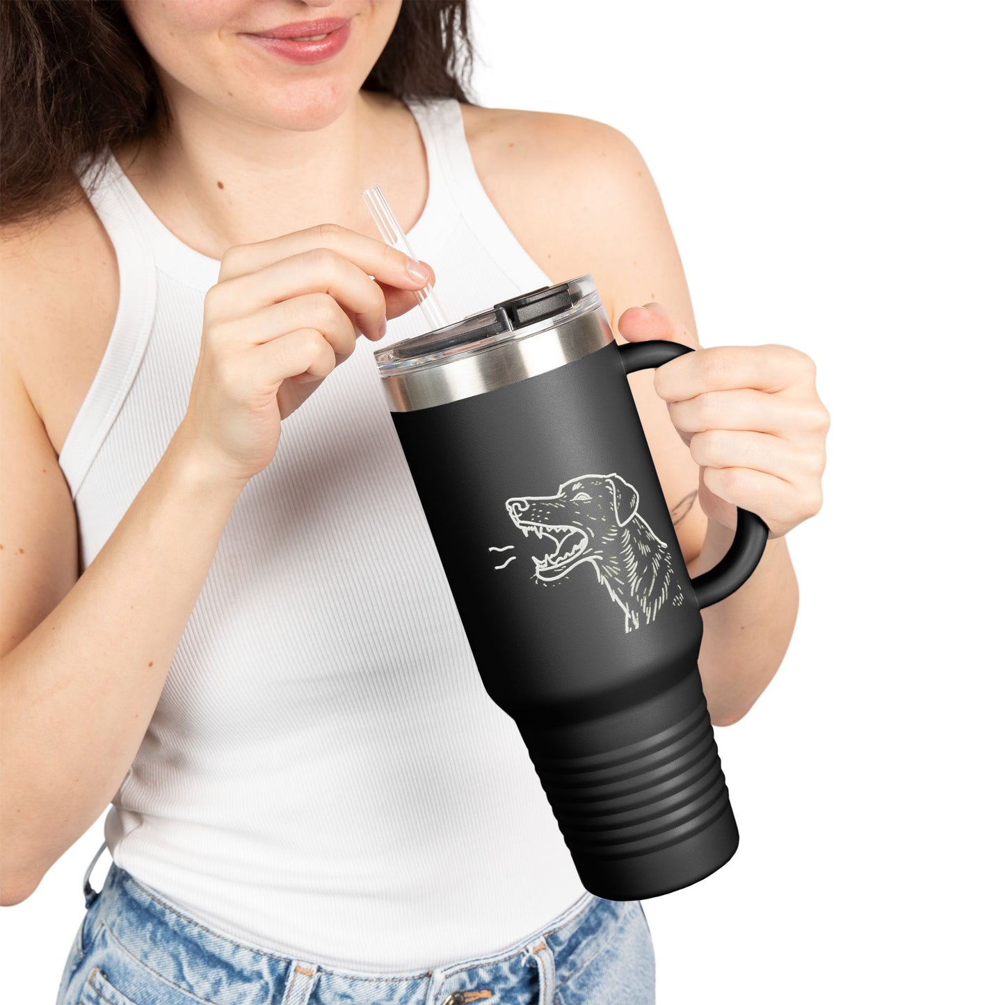 Barking Dog Travel Mug, Insulated Coffee Cup, Dog Lover Gift, For Outdoor Adventures, 40oz Red Drinkware