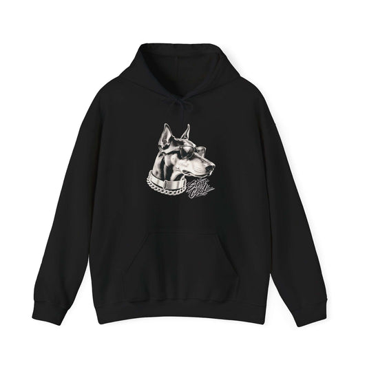 Stay Cool Doberman Portrait Unisex Pullover Hoodie showcasing a bold Doberman illustration on a black background.