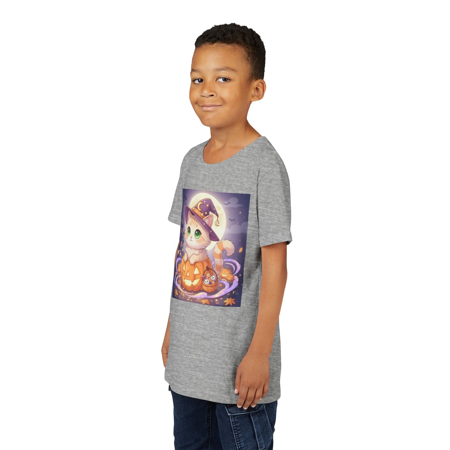 Halloween cute kitten anime style 4 Unisex Youth Tee | T-Shirt, Cute Pumpkin Shirt, Kids Halloween Outfit, Cat Lover Gift, Fun Fall Apparel
