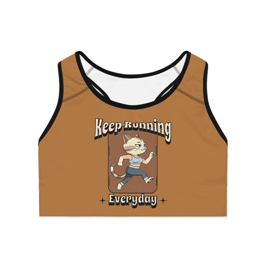 Cute Cat Motivational Sports Bra Activewear featuring a cheerful running cat and motivational text.