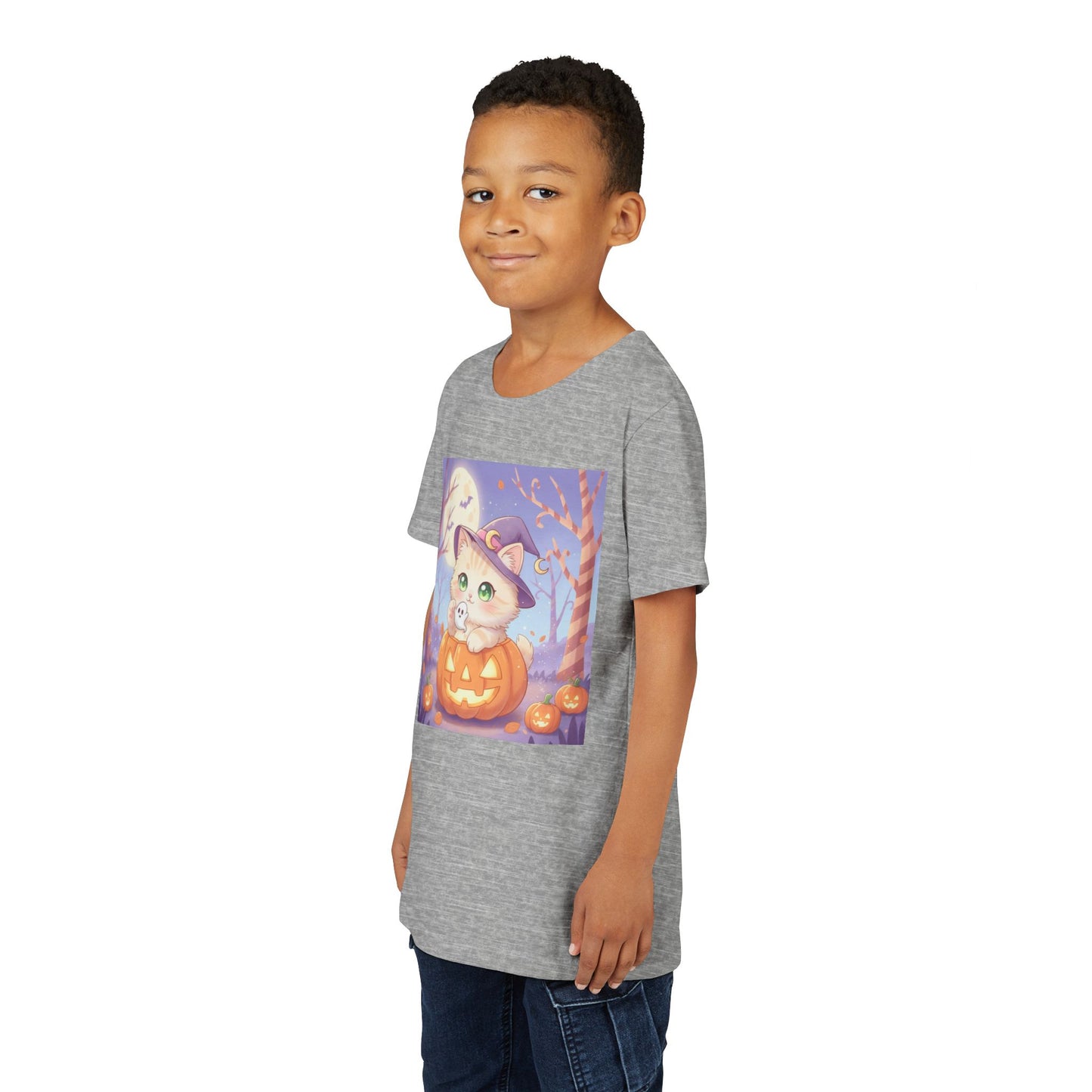 Halloween cute kitten anime style 1 Unisex Youth Tee | T-Shirt, Cute Pumpkin Shirt, Kids Halloween Outfit, Cat Lover Gift, Fun Fall Apparel