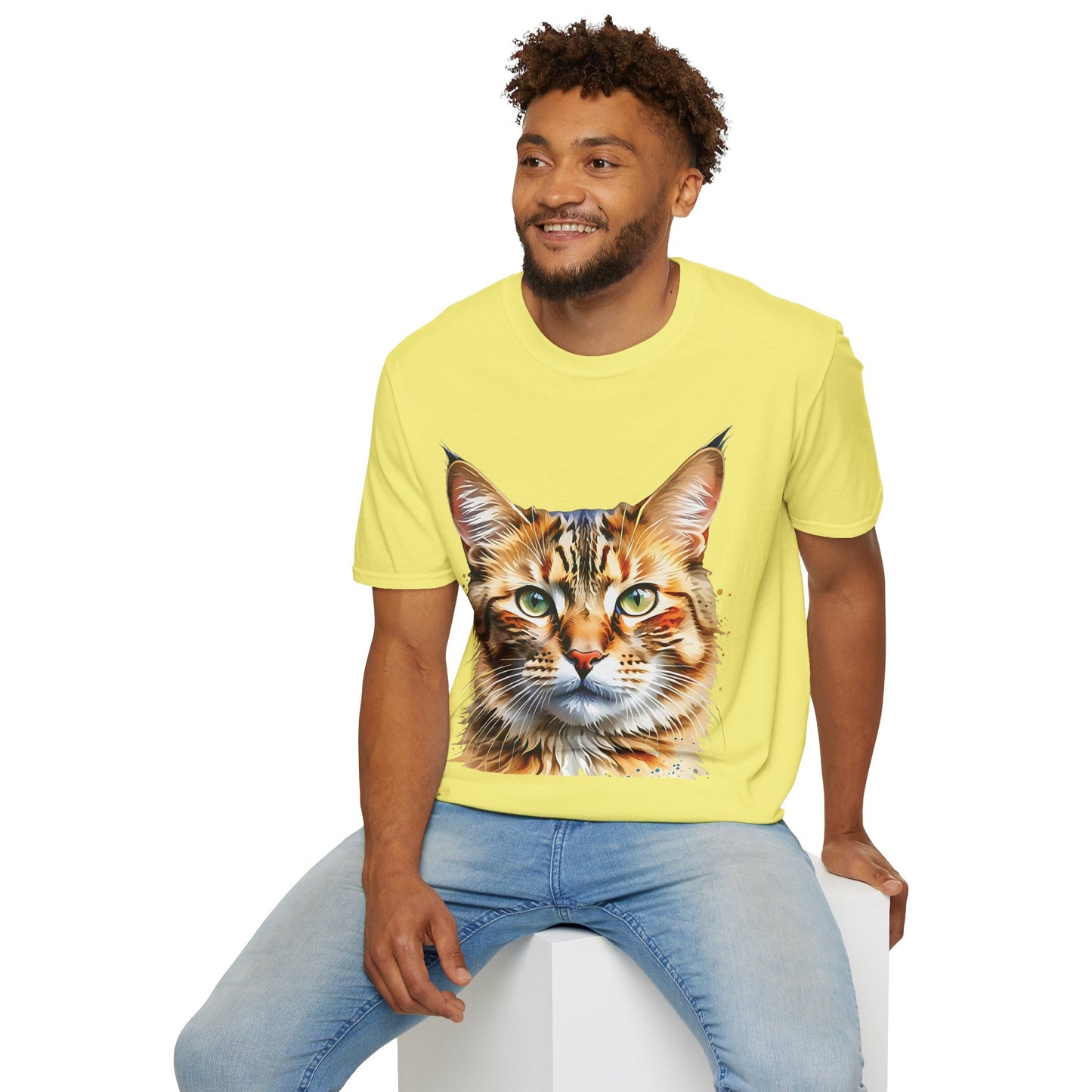 Watercolor Cat Head Unisex Cotton T-Shirt style 1