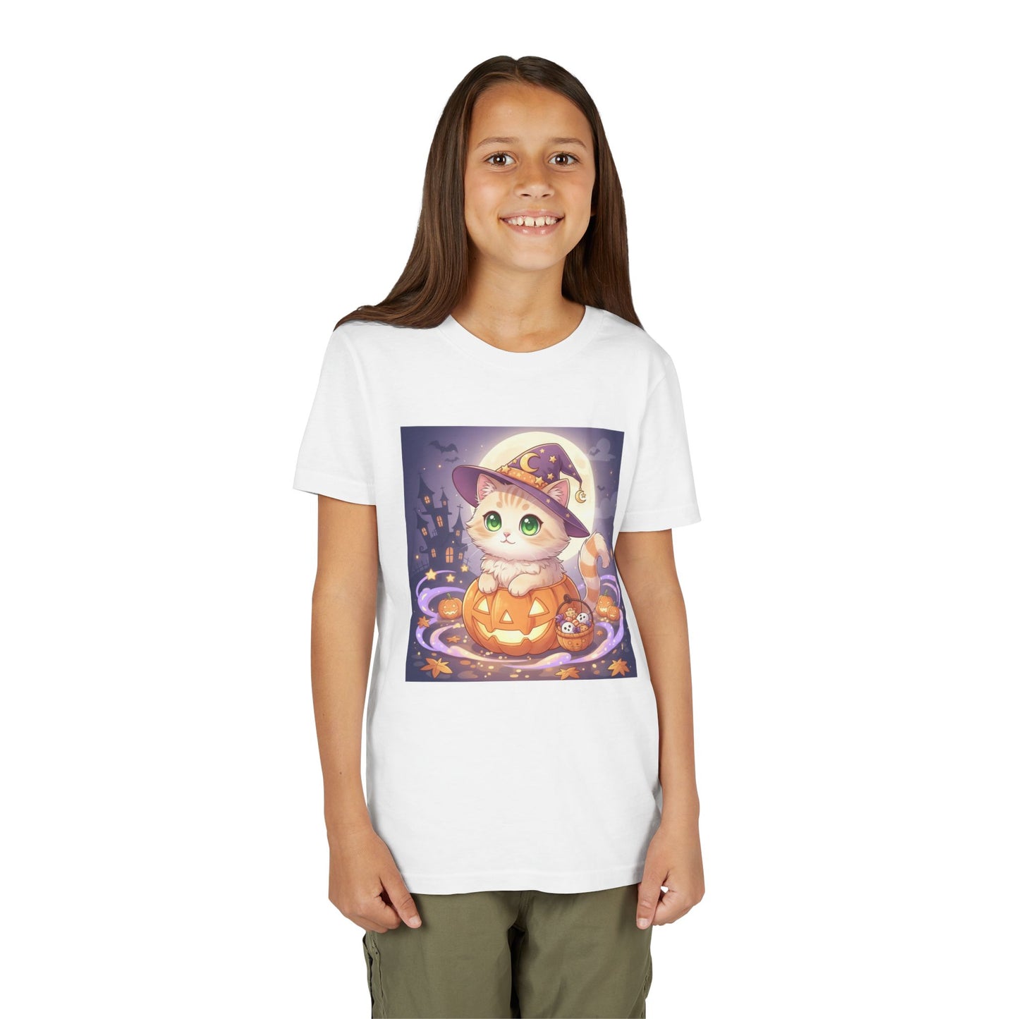Halloween cute kitten anime style 4 Unisex Youth Tee | T-Shirt, Cute Pumpkin Shirt, Kids Halloween Outfit, Cat Lover Gift, Fun Fall Apparel