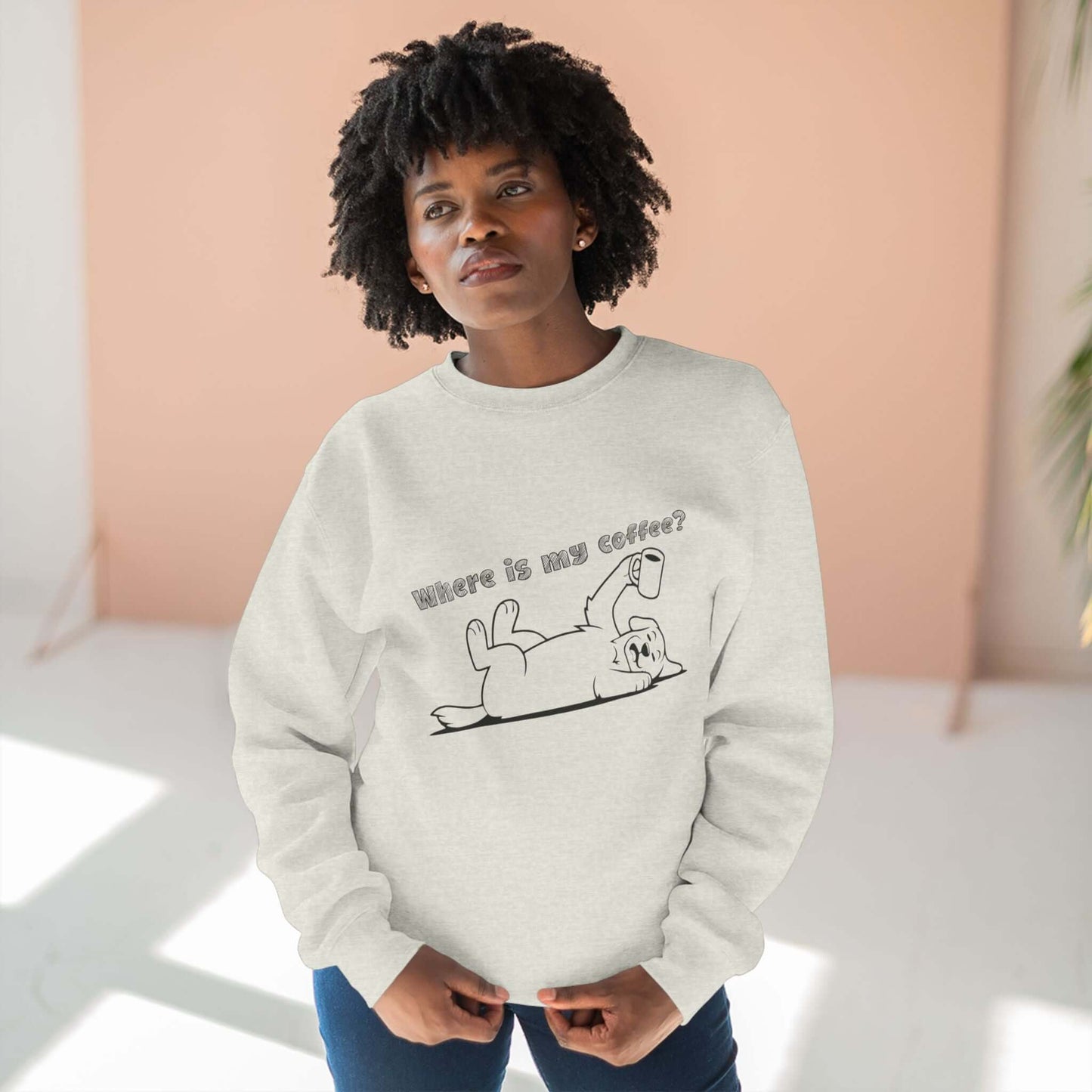 Where is my coffee - Dog Outline Unisex Crewneck Sweatshirt style 1 worn by a person in a casual setting.