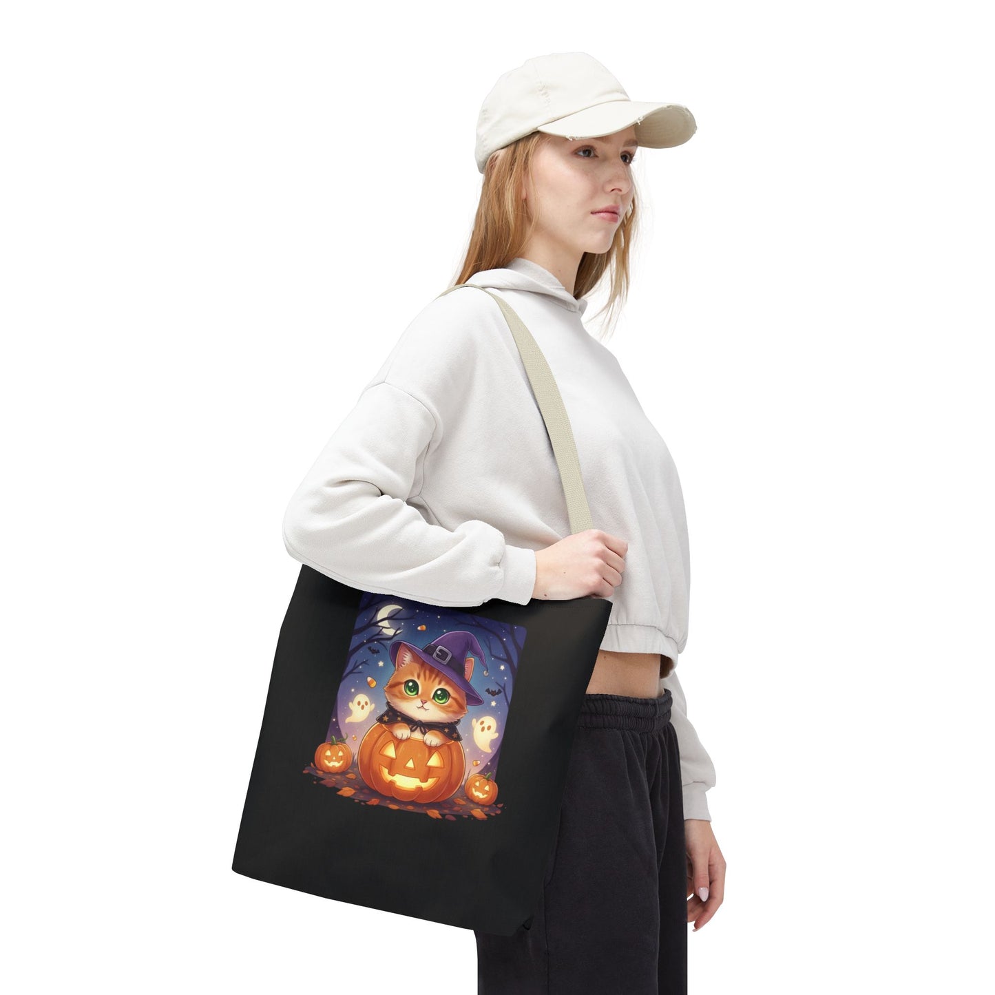 Halloween Cat anime style Tote Bag, Spooky Pet Lovers Gift, Boho Halloween Bag, Witchy Cat Tote, Fall Festivities Accessory