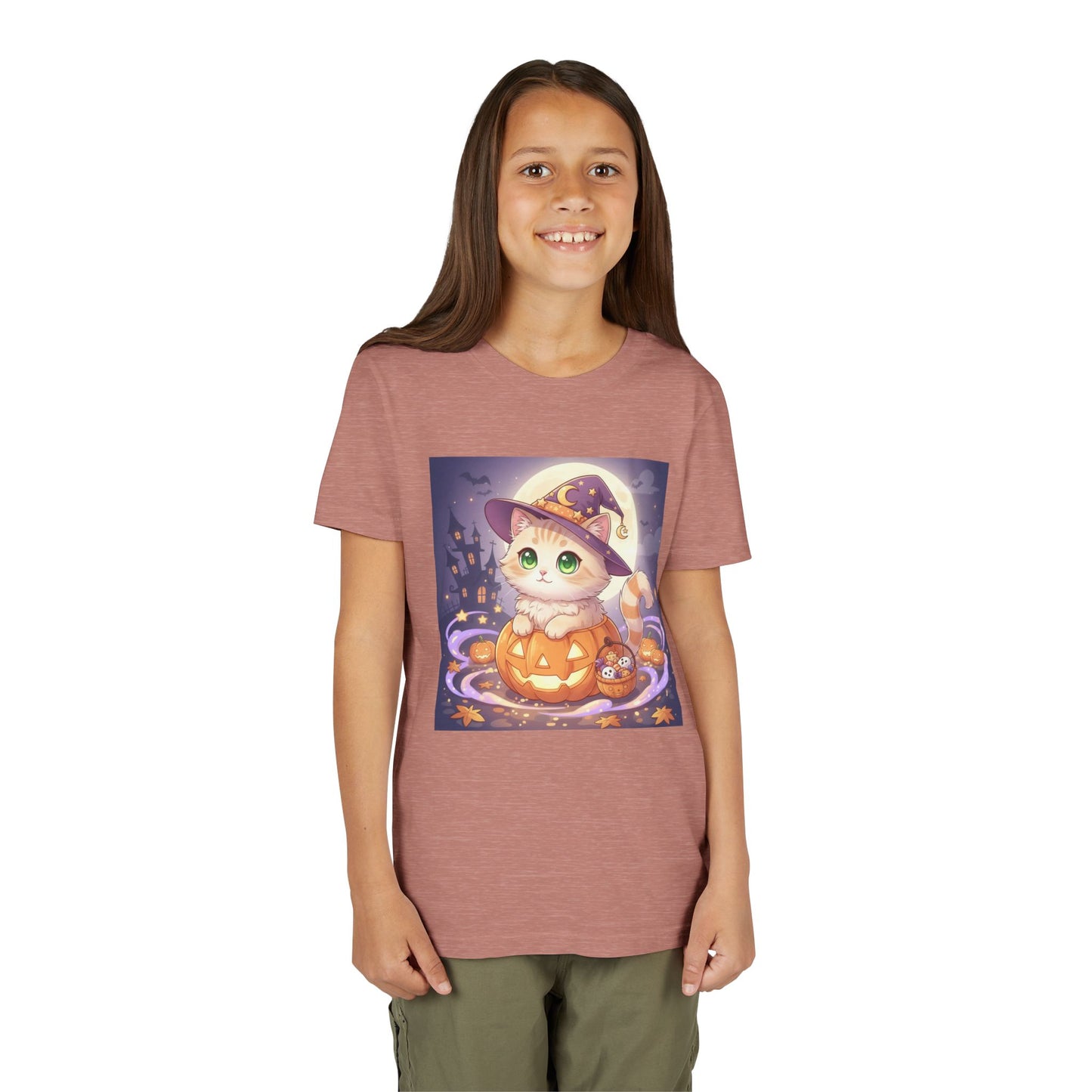 Halloween cute kitten anime style 4 Unisex Youth Tee | T-Shirt, Cute Pumpkin Shirt, Kids Halloween Outfit, Cat Lover Gift, Fun Fall Apparel