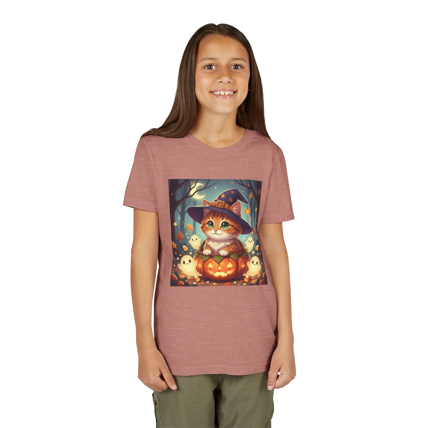 Halloween cute kitten anime style 3 Unisex Youth Tee | T-Shirt, Cute Pumpkin Shirt, Kids Halloween Outfit, Cat Lover Gift, Fun Fall Apparel