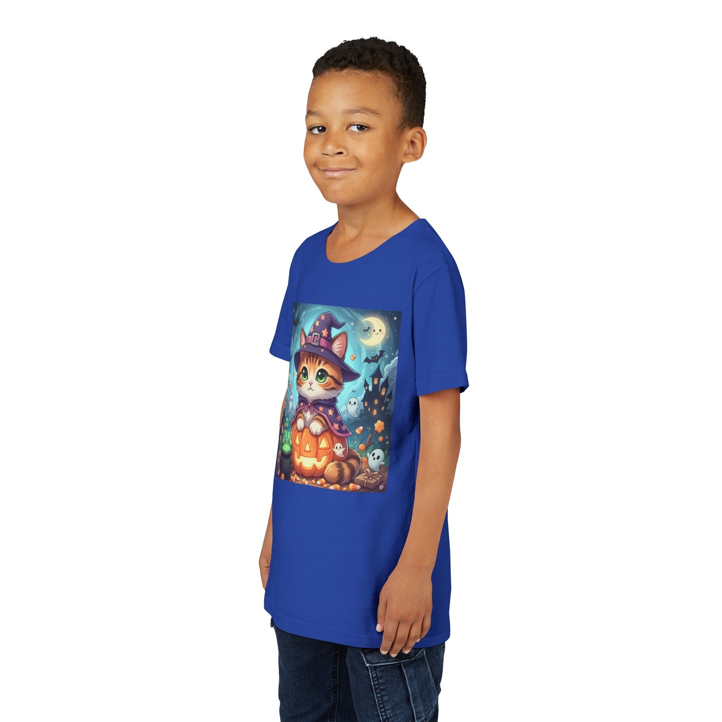 Halloween cute kitten anime style 2 Unisex Youth Tee | T-Shirt, Cute Pumpkin Shirt, Kids Halloween Outfit, Cat Lover Gift, Fun Fall Apparel