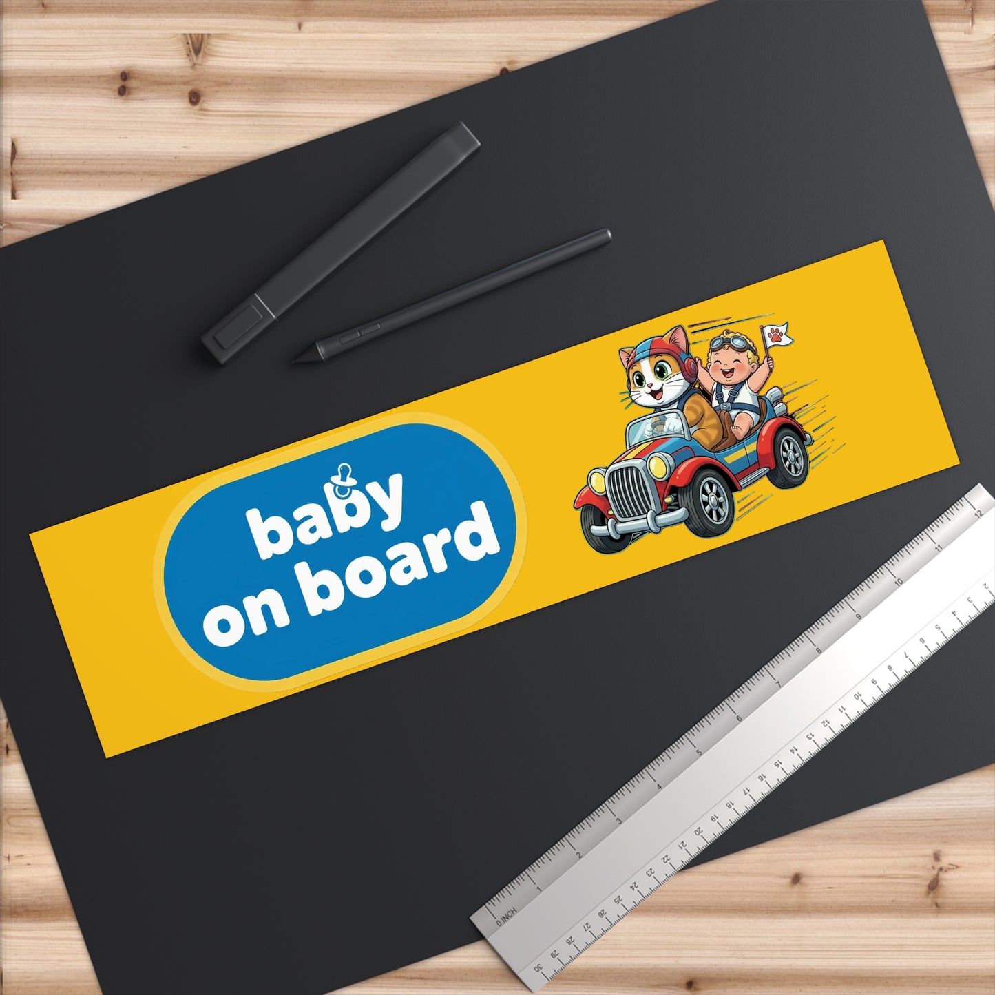 Adorable Cat Driving Baby on Board Bumper Stickers