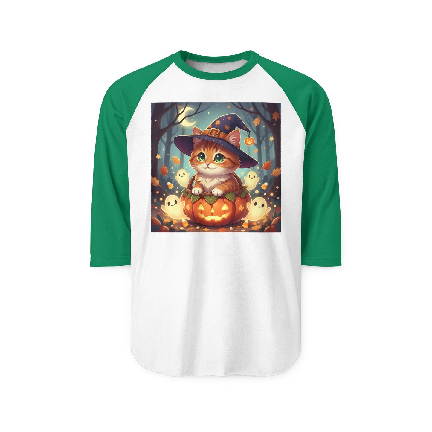 Halloween cute kitten anime style 3 Raglan Shirt, Unisex Halloween Top, Pumpkin Cat Shirt, Cute Cat Tee, Spooky Casual Wear