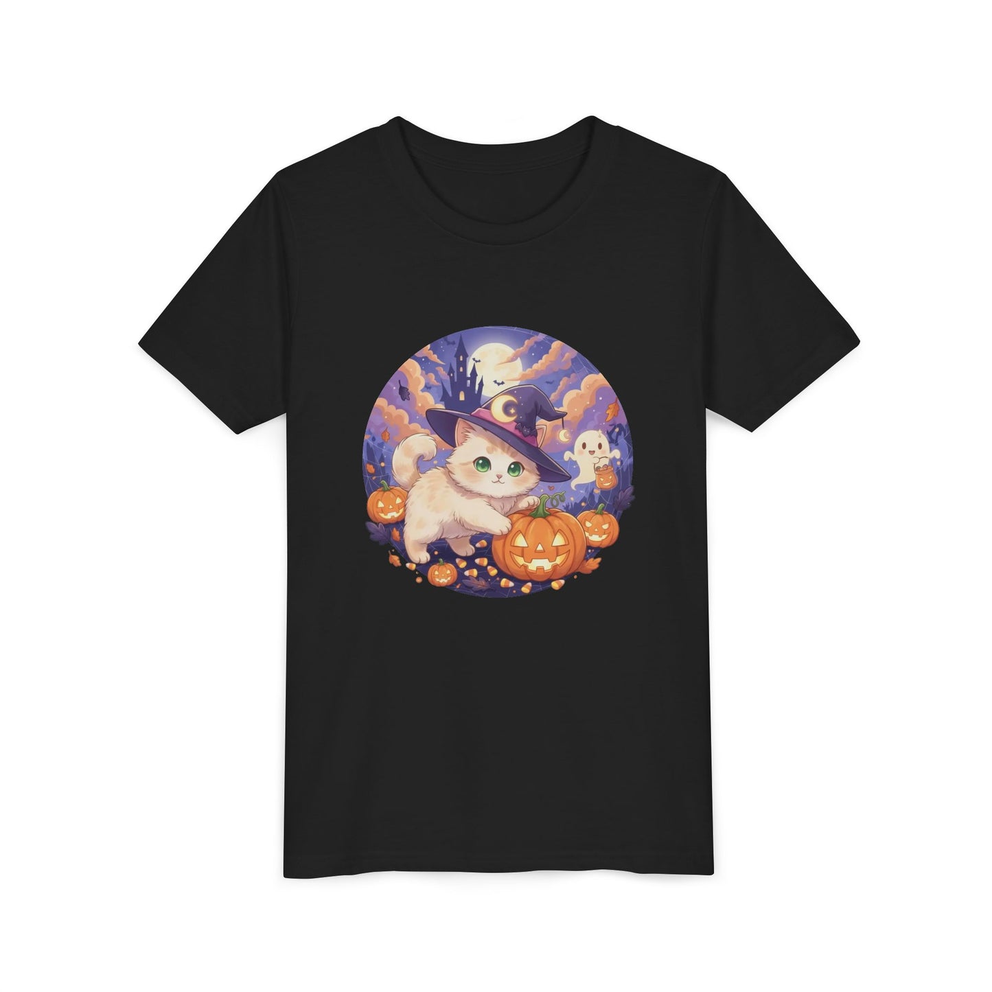 Halloween cute kitten anime style 5 Unisex Youth Tee | T-Shirt, Cute Pumpkin Shirt, Kids Halloween Outfit, Cat Lover Gift, Fun Fall Apparel