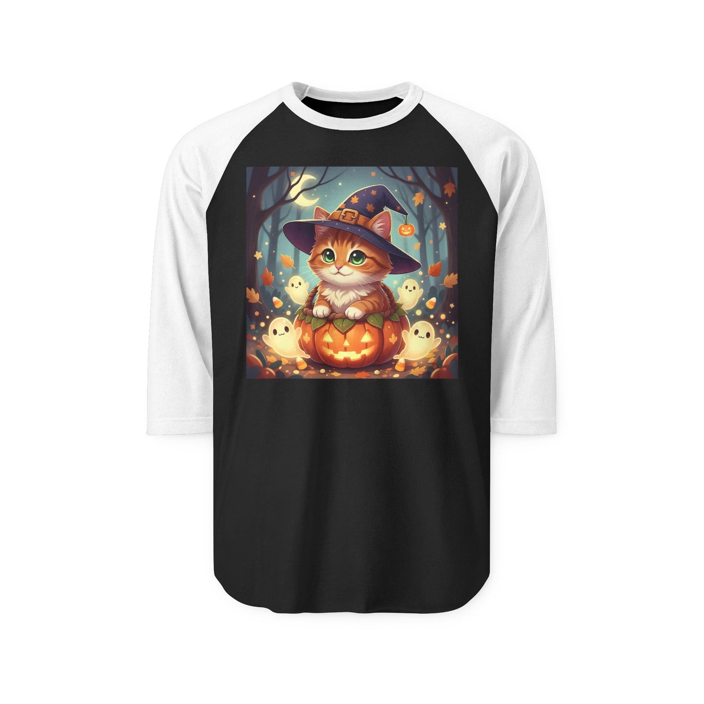 Halloween cute kitten anime style 3 Raglan Shirt, Unisex Halloween Top, Pumpkin Cat Shirt, Cute Cat Tee, Spooky Casual Wear