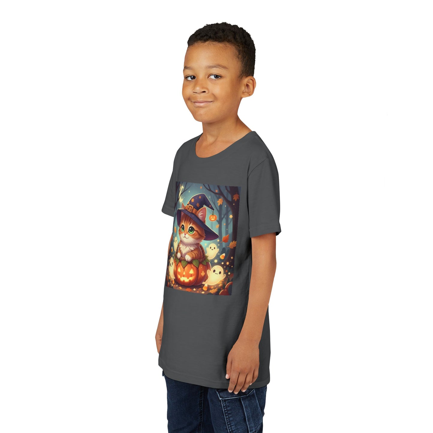 Halloween cute kitten anime style 3 Unisex Youth Tee | T-Shirt, Cute Pumpkin Shirt, Kids Halloween Outfit, Cat Lover Gift, Fun Fall Apparel