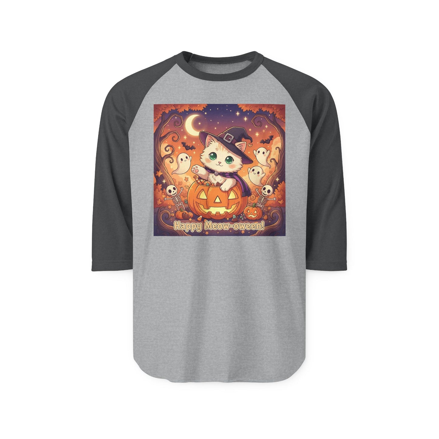 Halloween cute kitten anime style 6 Raglan Shirt, Unisex Halloween Top, Pumpkin Cat Shirt, Cute Cat Tee, Spooky Casual Wear