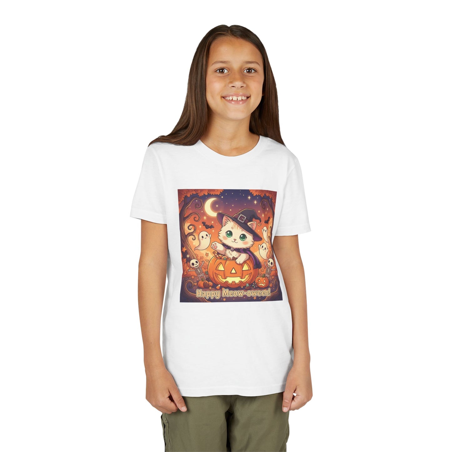 Halloween cute kitten anime style 6 Unisex Youth Tee | T-Shirt, Cute Pumpkin Shirt, Kids Halloween Outfit, Cat Lover Gift, Fun Fall Apparel