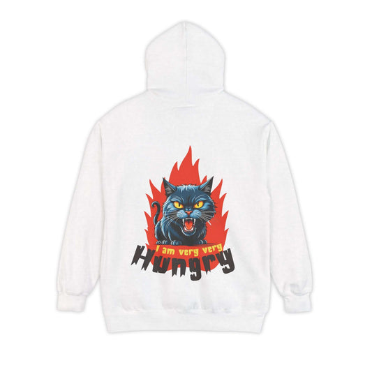 I am very very Hungry - Cartoon Cat Unisex Pullover Hoodie with a snarling cat design in flames on the back.