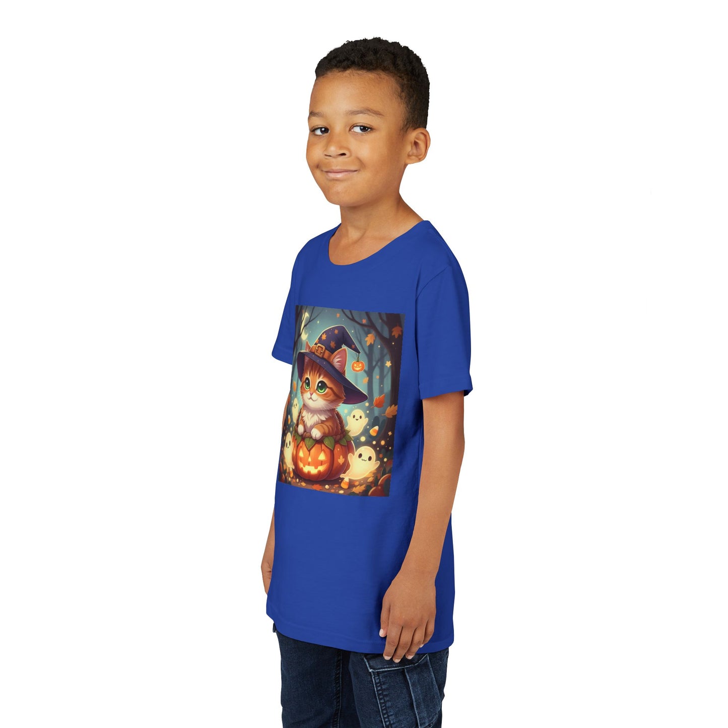 Halloween cute kitten anime style 3 Unisex Youth Tee | T-Shirt, Cute Pumpkin Shirt, Kids Halloween Outfit, Cat Lover Gift, Fun Fall Apparel