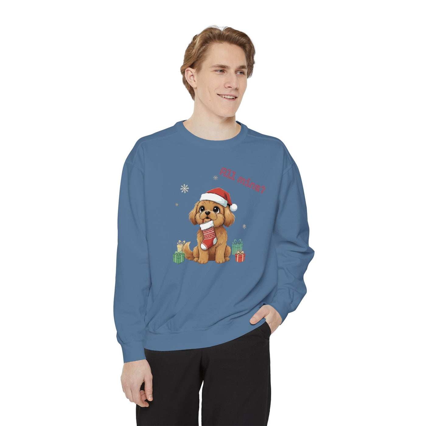 Cute Puppy waiting for Christmas presents style 8 Cozy Graphic Unisex Crewneck Sweatshirt