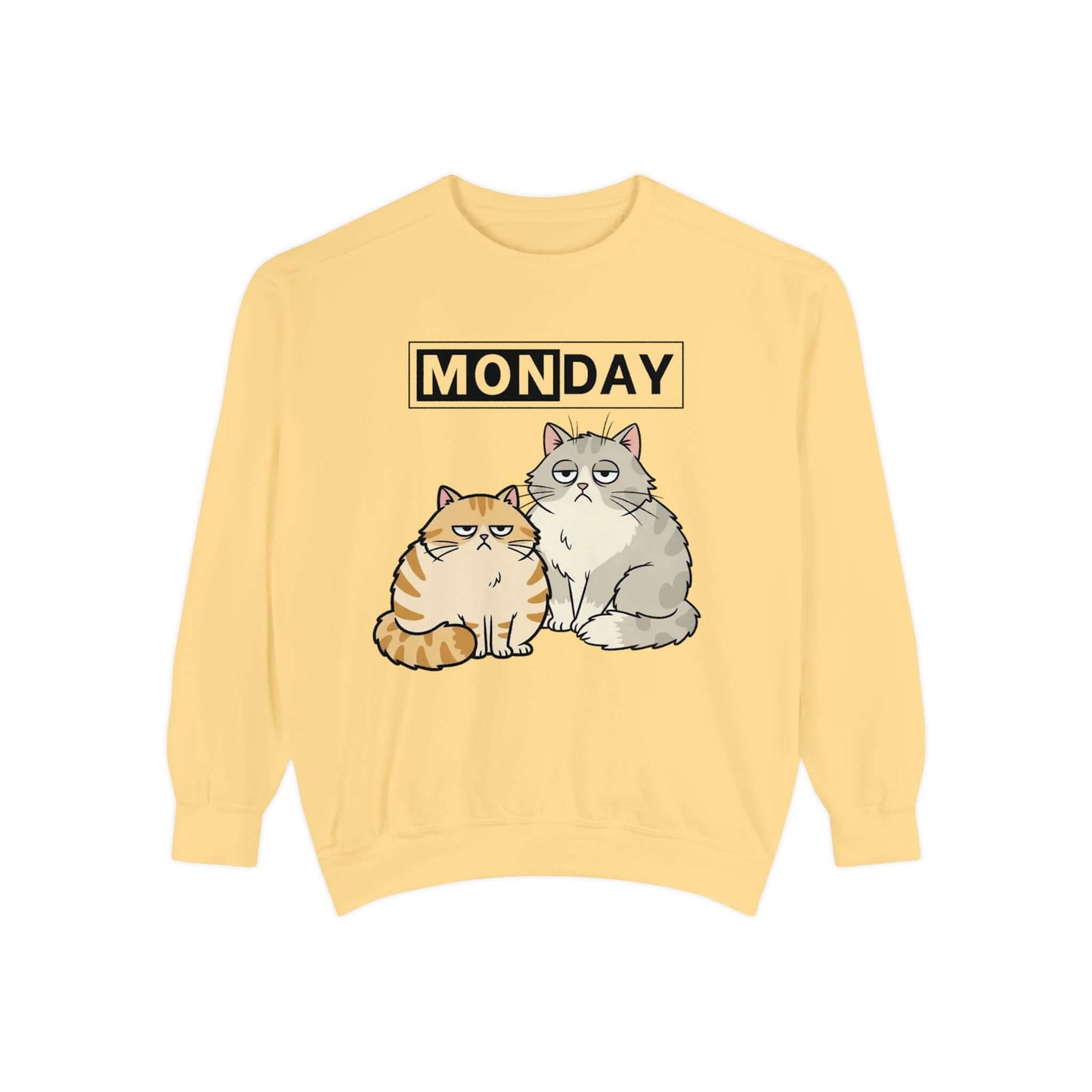 Monday Face Cat Stares Blankly Unisex Crewneck Sweatshirt with cat design and 'MONDAY' text.
