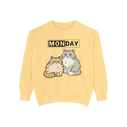 Monday Face Cat Stares Blankly Unisex Crewneck Sweatshirt with cat design and 'MONDAY' text.