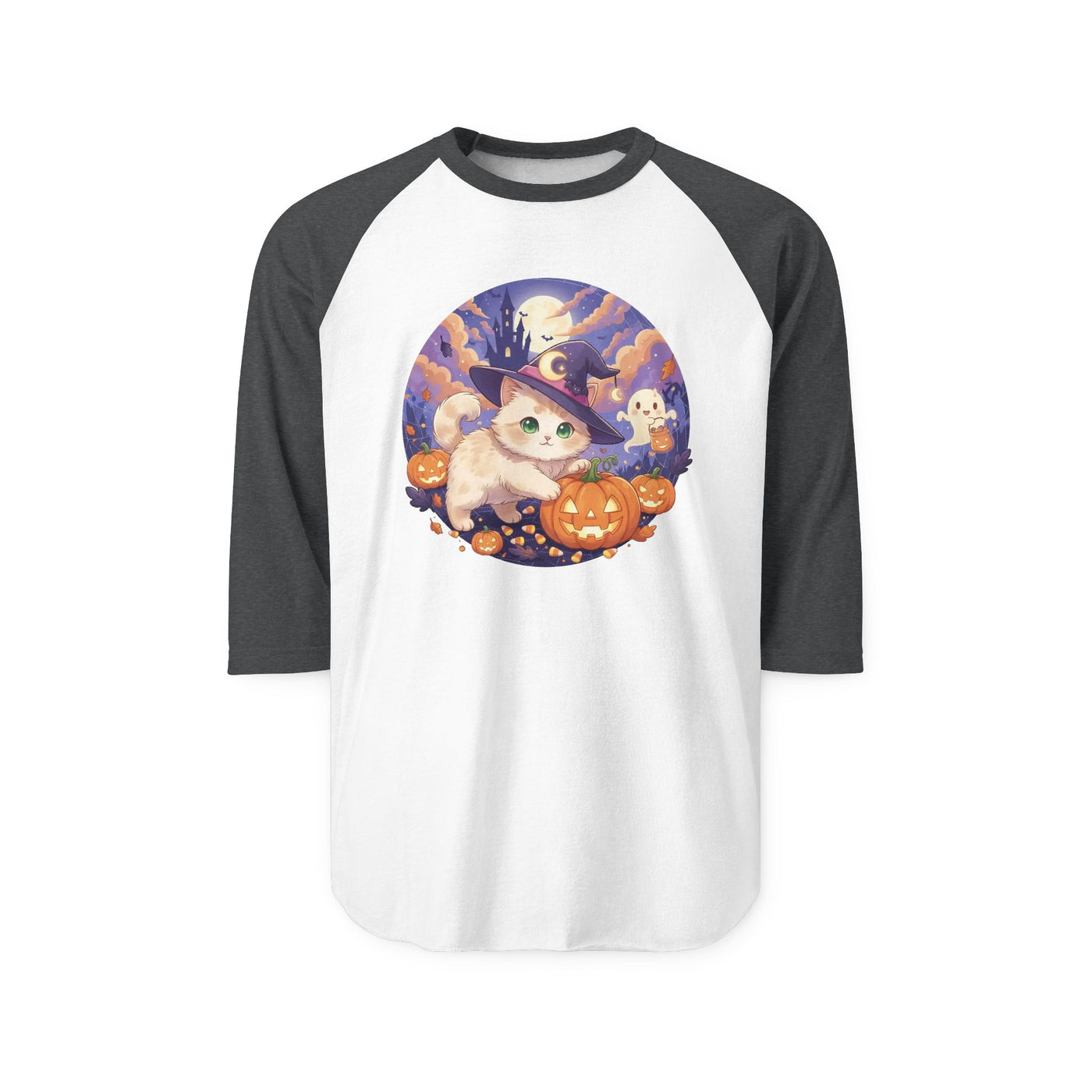 Halloween cute kitten anime style 5 Raglan Shirt, Unisex Halloween Top, Pumpkin Cat Shirt, Cute Cat Tee, Spooky Casual Wear