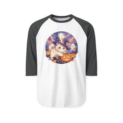 Halloween cute kitten anime style 5 Raglan Shirt, Unisex Halloween Top, Pumpkin Cat Shirt, Cute Cat Tee, Spooky Casual Wear
