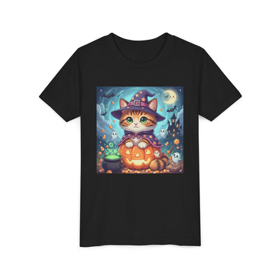 Halloween cute kitten anime style 2 Unisex Youth Tee | T-Shirt, Cute Pumpkin Shirt, Kids Halloween Outfit, Cat Lover Gift, Fun Fall Apparel