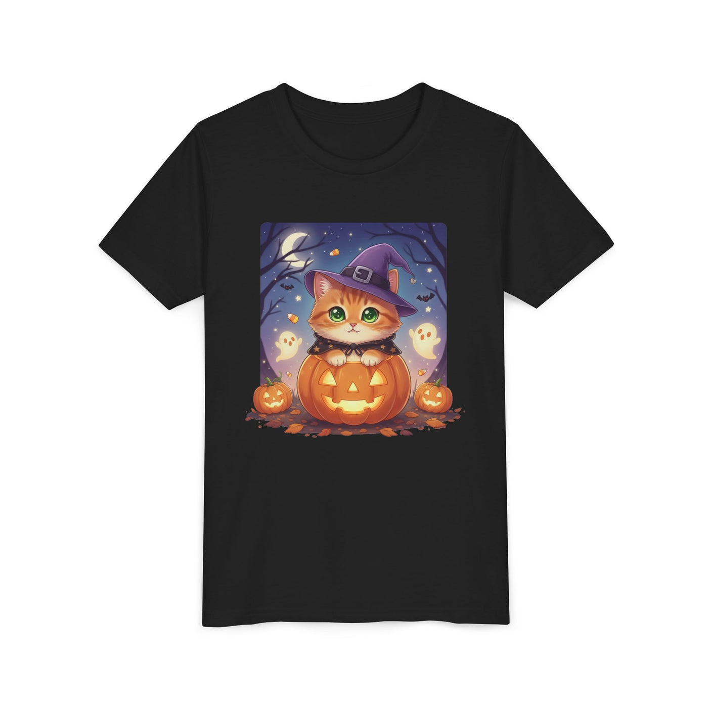 Halloween cute kitten anime style 7 Unisex Youth Tee | T-Shirt, Cute Pumpkin Shirt, Kids Halloween Outfit, Cat Lover Gift, Fun Fall Apparel