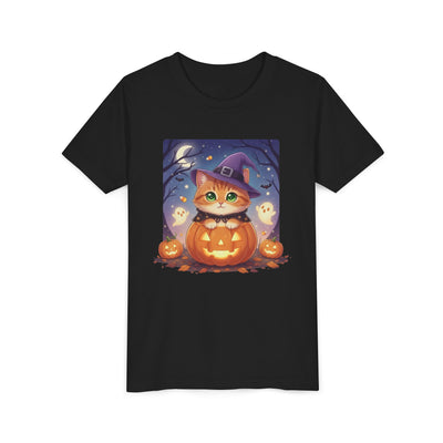 Halloween cute kitten anime style 7 Unisex Youth Tee | T-Shirt, Cute Pumpkin Shirt, Kids Halloween Outfit, Cat Lover Gift, Fun Fall Apparel