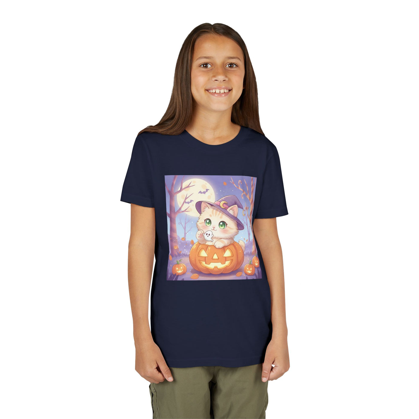 Halloween cute kitten anime style 1 Unisex Youth Tee | T-Shirt, Cute Pumpkin Shirt, Kids Halloween Outfit, Cat Lover Gift, Fun Fall Apparel