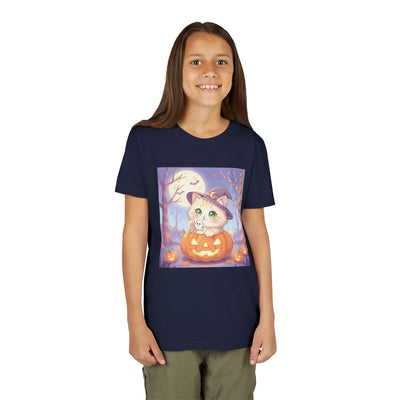 Halloween cute kitten anime style 1 Unisex Youth Tee | T-Shirt, Cute Pumpkin Shirt, Kids Halloween Outfit, Cat Lover Gift, Fun Fall Apparel