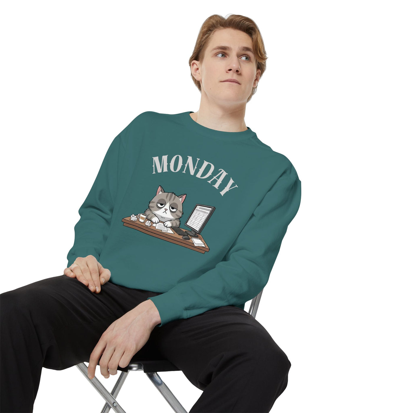 Monday Face Cat Stares Blankly Unisex Crewneck Sweatshirt style 5