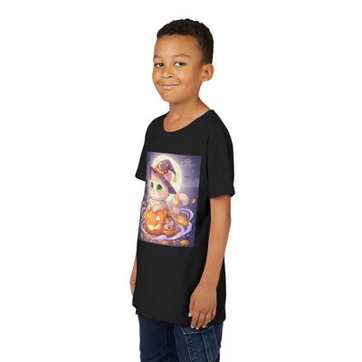 Halloween cute kitten anime style 4 Unisex Youth Tee | T-Shirt, Cute Pumpkin Shirt, Kids Halloween Outfit, Cat Lover Gift, Fun Fall Apparel