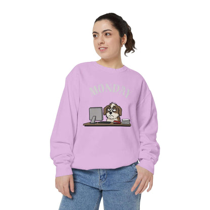 Monday Face Dog Stares Blankly Unisex Crewneck Sweatshirt in pastel pink with humorous dog graphic.
