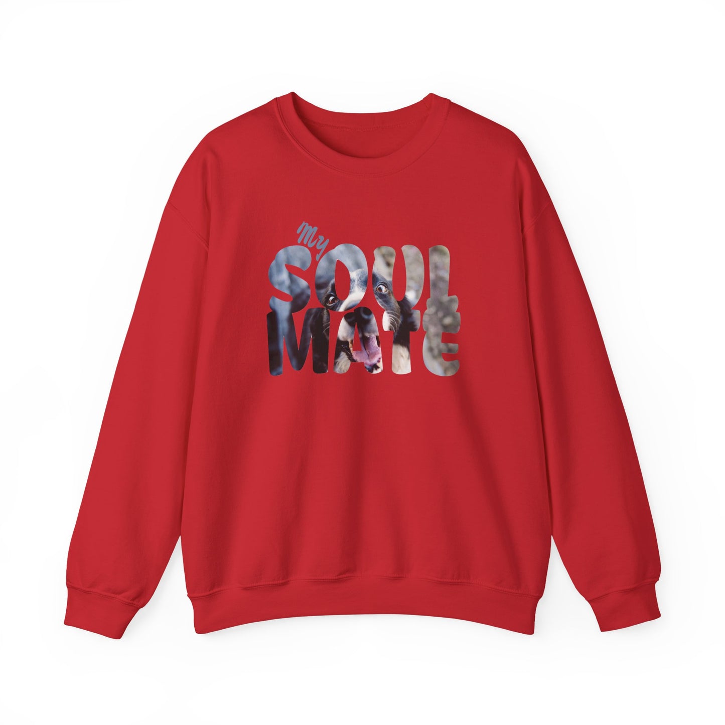 Dog My Soulmate Unisex Crewneck Sweatshirt in red with stylish print featuring the text 'My SOULMATE'.