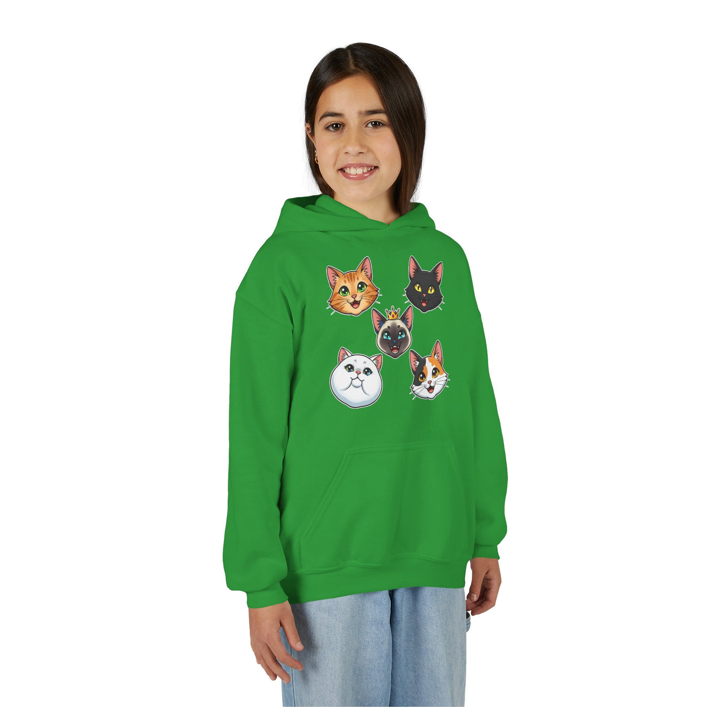 Cute Cat Heads Unisex Youth Hoodie, Fun Pet Lover Sweater, Kids Gift, Animal Lover Apparel, Perfect for Birthdays & Holidays