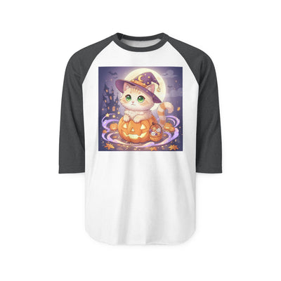 Halloween cute kitten anime style 4 Raglan Shirt, Unisex Halloween Top, Pumpkin Cat Shirt, Cute Cat Tee, Spooky Casual Wear