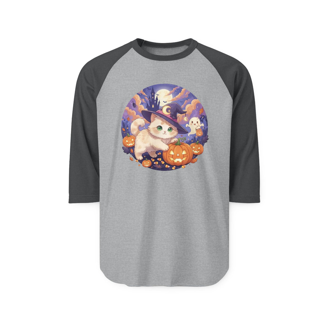 Halloween cute kitten anime style 5 Raglan Shirt, Unisex Halloween Top, Pumpkin Cat Shirt, Cute Cat Tee, Spooky Casual Wear