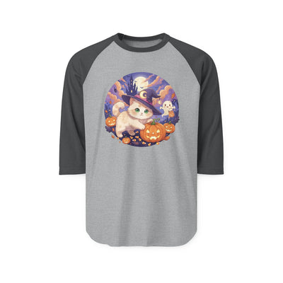 Halloween cute kitten anime style 5 Raglan Shirt, Unisex Halloween Top, Pumpkin Cat Shirt, Cute Cat Tee, Spooky Casual Wear