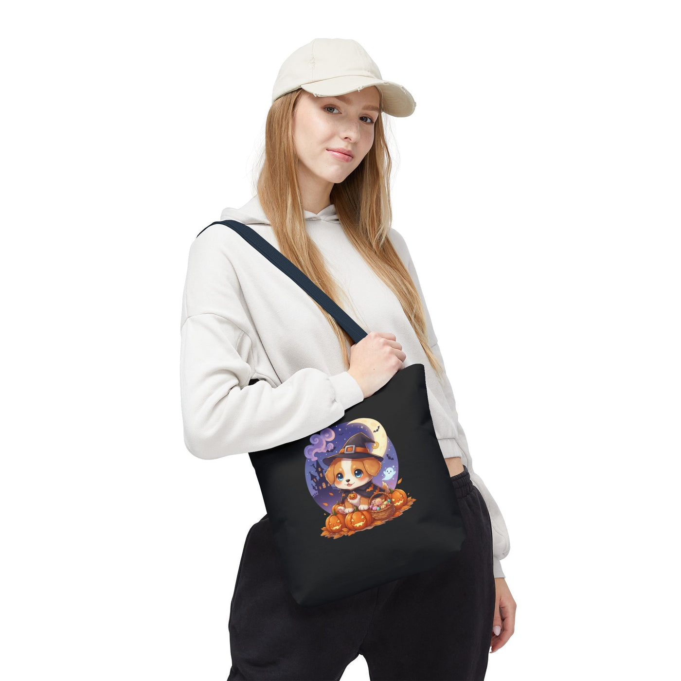 Adorable Halloween Puppy anime style Tote Bag, Pumpkin Lover Gift, Cute Dog Design, Witch Theme, Eco-Friendly Shopping Bag