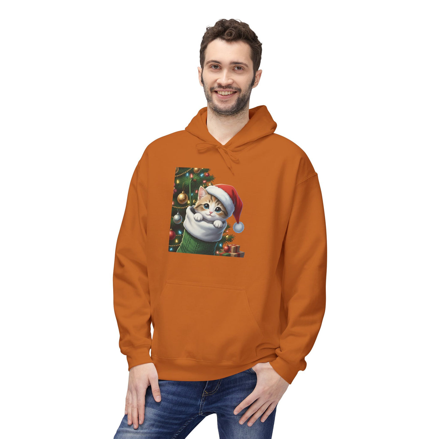 Adorable kitten hiding in Christmas stocking style 2 Cozy Graphic Unisex Midweight Softstyle Fleece Hoodie