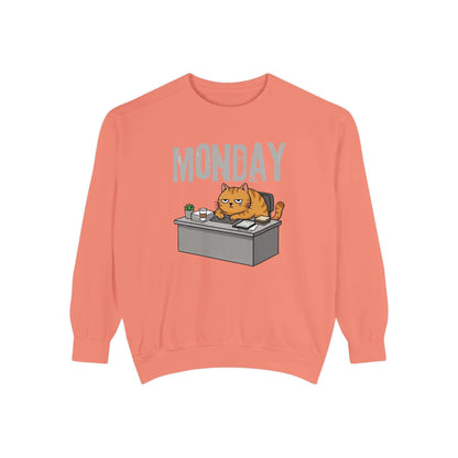 Monday Face Cat Stares Blankly Unisex Crewneck Sweatshirt featuring a grumpy cat with a 'MONDAY' banner.